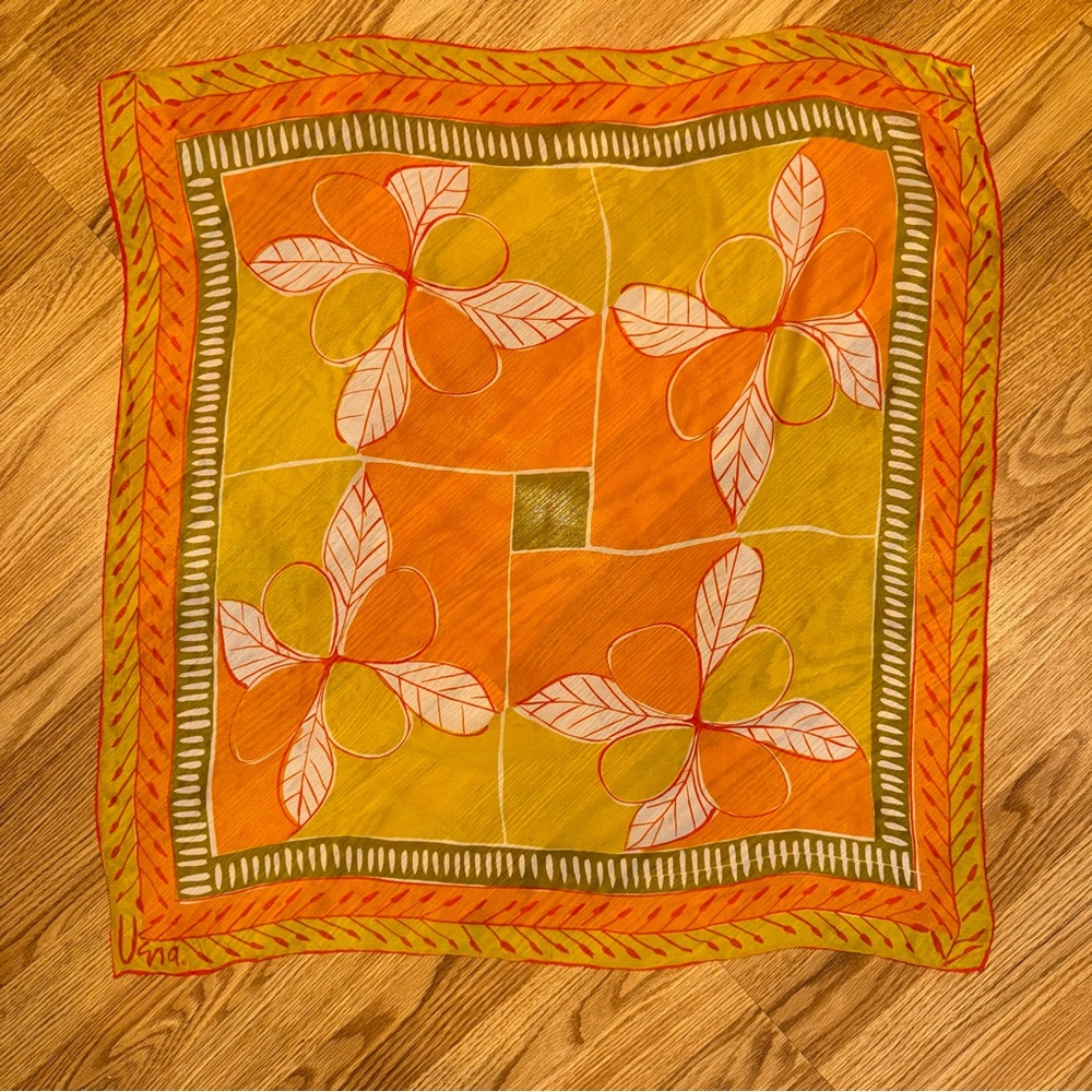 Vintage Vera Neumann sheer floral 26” square Scarf in orange, chartreuse‎ green